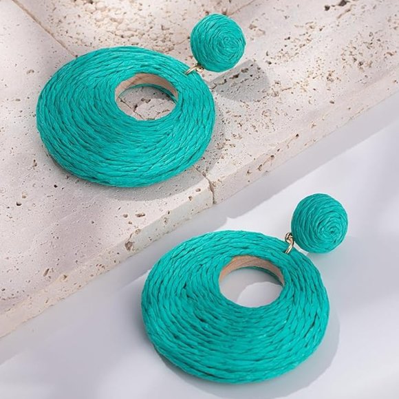 Teal Blue Rattan Earrings Chunky Wicker Raffia Dangle Hoop Beachy Vacation New - Picture 1 of 8
